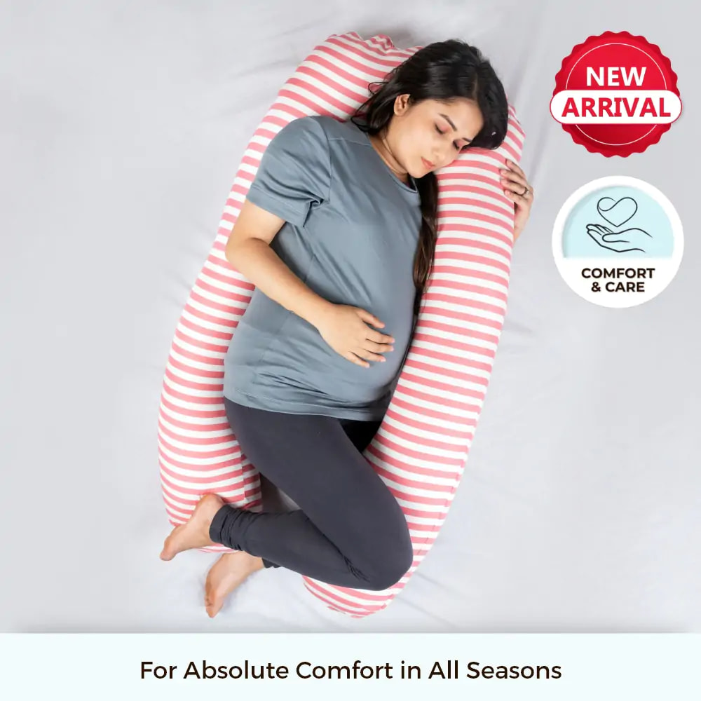 Mylo  U shape Hypoallergenic Soft Feel Pregnancy /Maternity  Belly & Back Support Sleep Pillow with Washable Zipper Cover – Coral Stripes