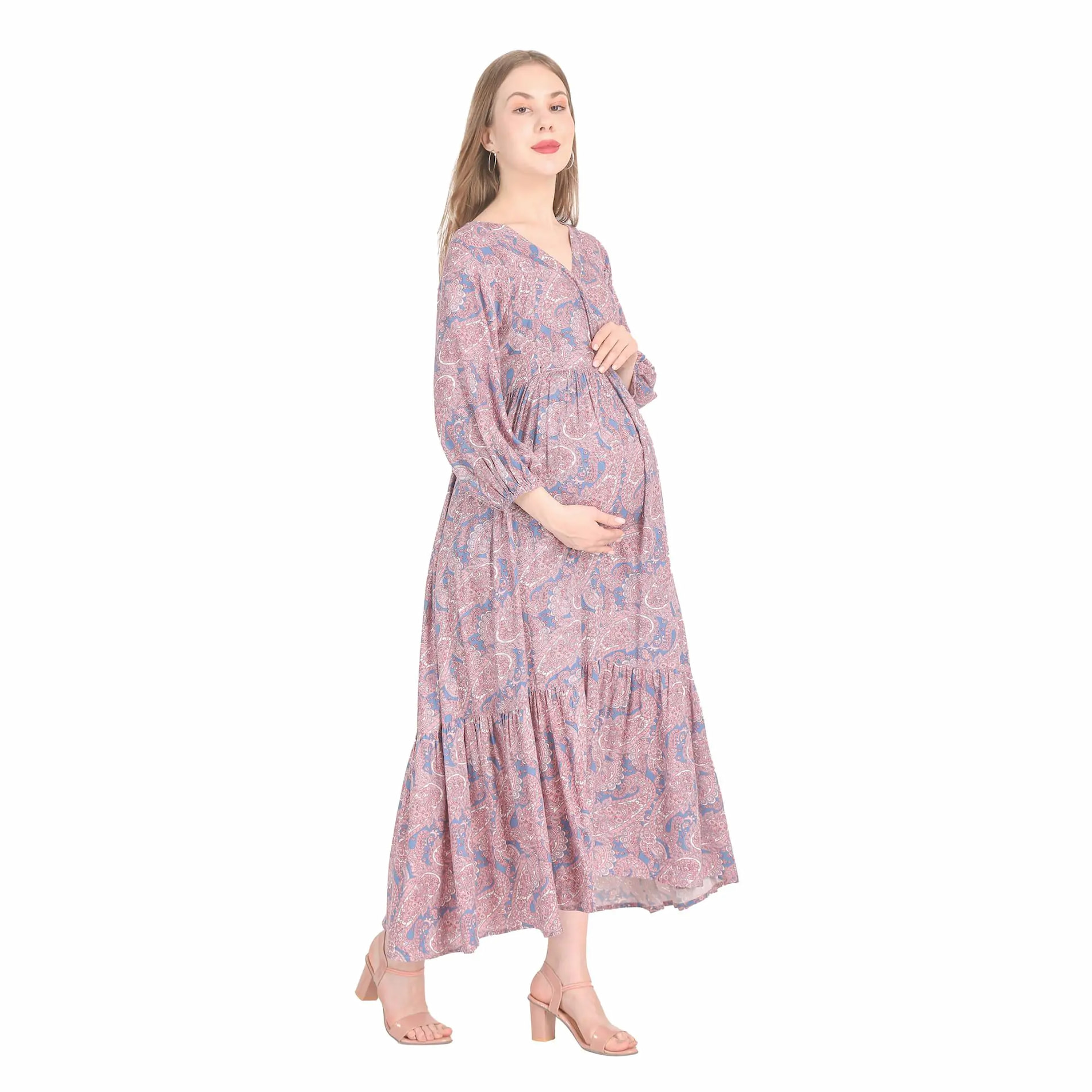 Mylo Pre & Post Maternity /Nursing Maxi Dress with both sides Zipper for Easy Feeding – Persian Paisley Blue–XL