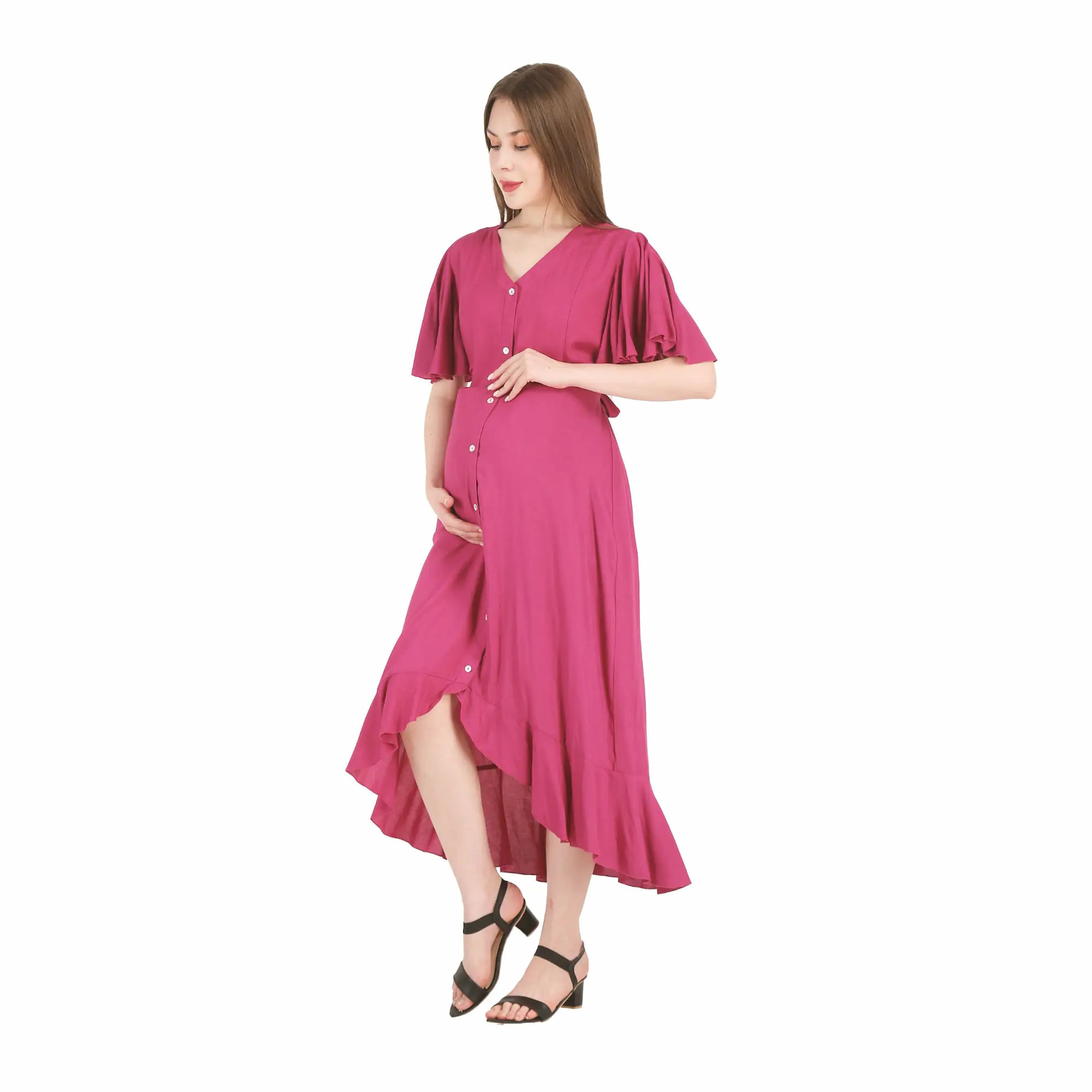 Mylo Pre & Post Maternity /Nursing, Asymmetrical  Solid Maxi Dress with both sides Zipper for Easy Feeding - Hawaiian Pink-L