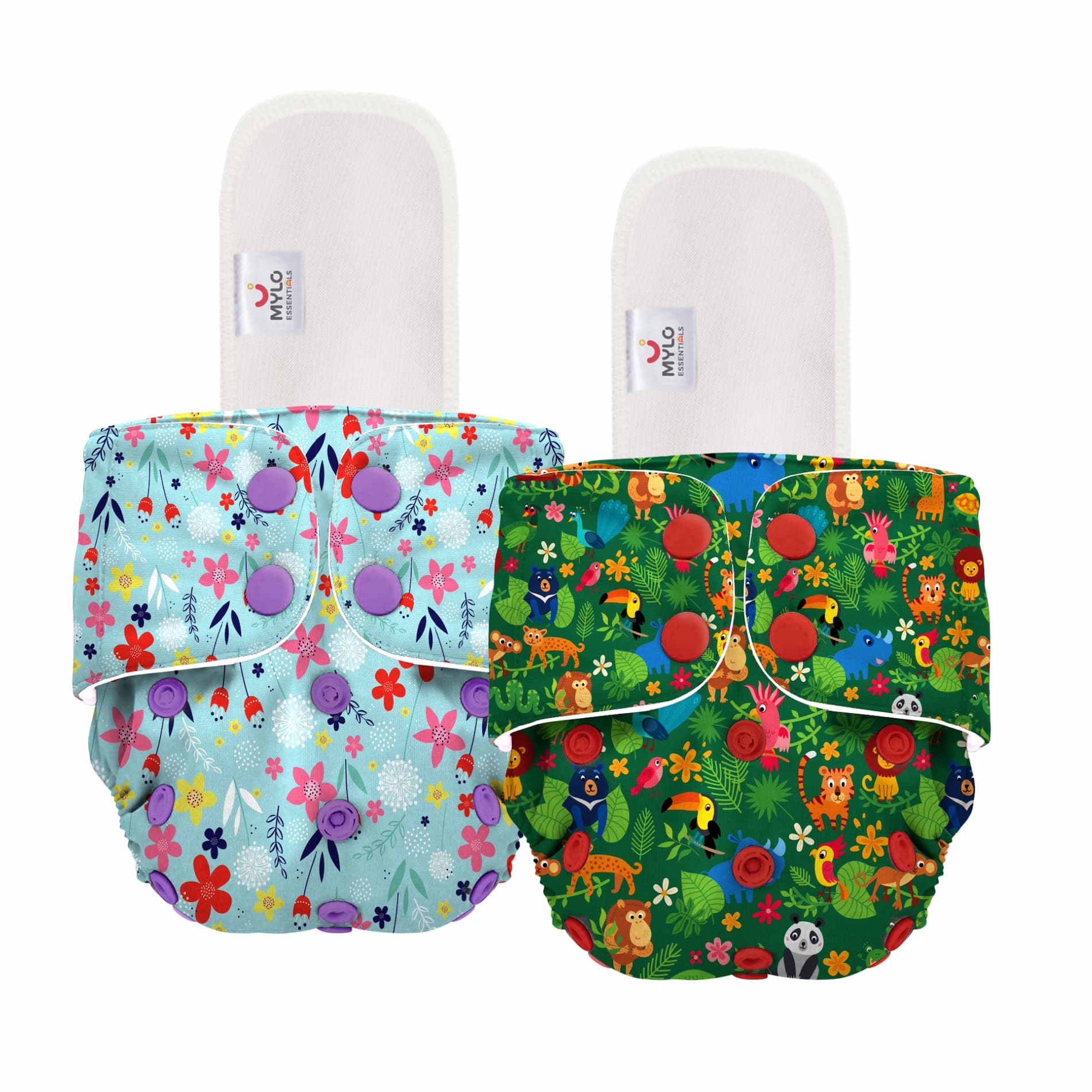 Mylo Adjustable Washable & Reusable Cloth Diaper With Dry Feel, Absorbent Insert Pad (3M-3Y) - Floral Spring & Jungle - Pack of 2
