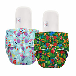 Adjustable Washable & Reusable Cloth Diaper With Dry Feel, Absorbent Insert Pad (3M-3Y) - Floral Spring & Jungle - Pack of 2