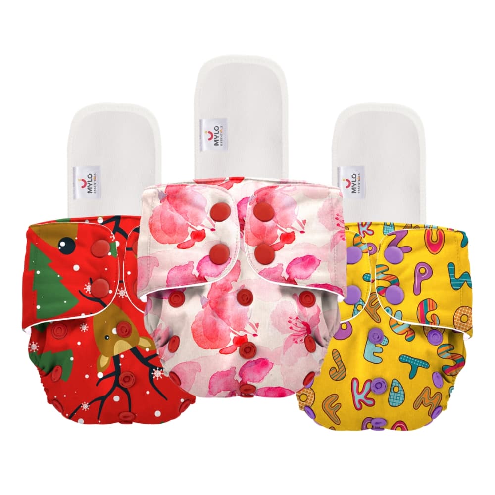 Free Size Washable & Reusable Cloth Diaper With 3 Dry Feel Absorbent Insert Pad (3M-3Y)- Cherry Blossom, Celebration & ABC- Pack of 3