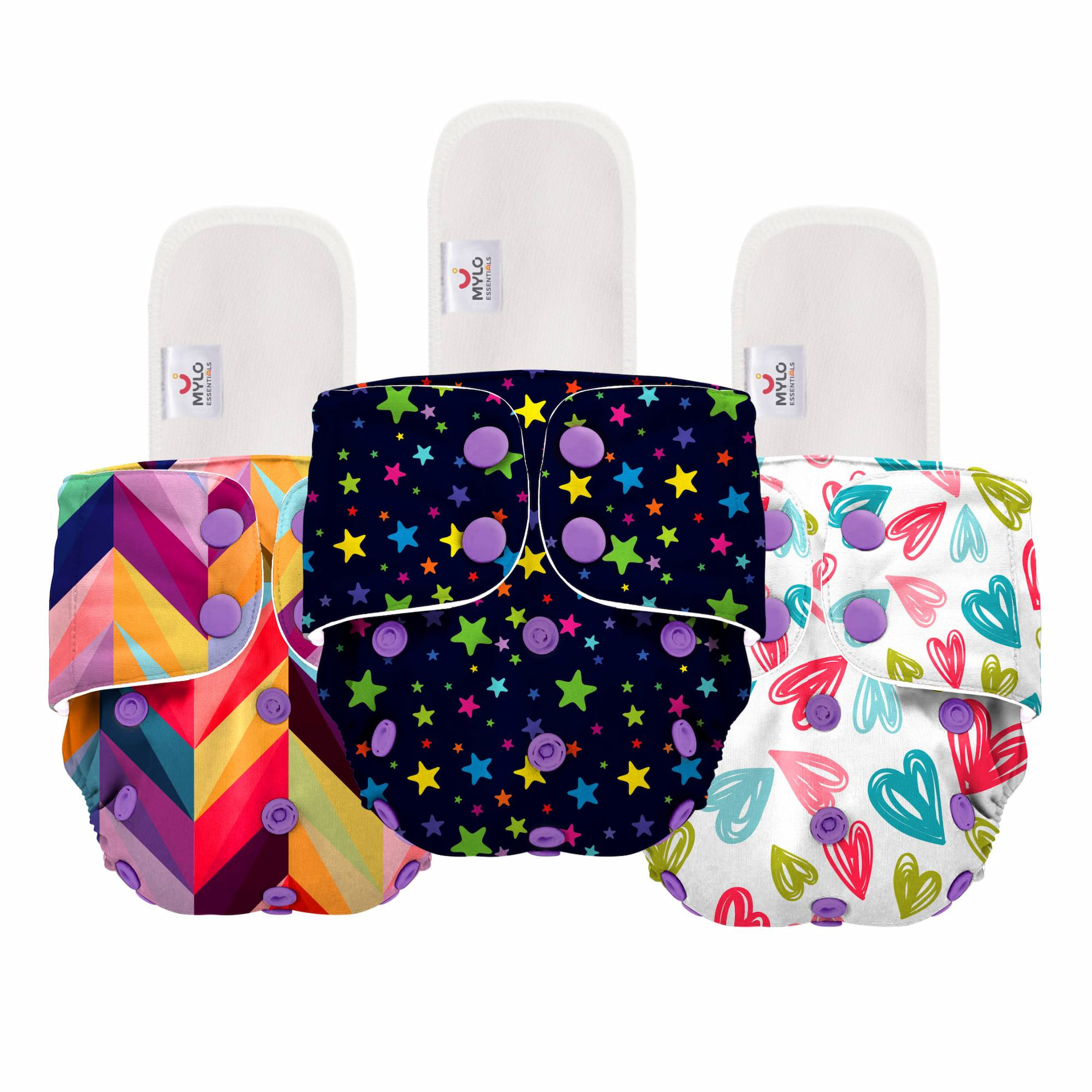 Mylo Adjustable Washable & Reusable Cloth Diaper With Dry Feel, Absorbent Insert Pad (3M-3Y) - Heart Doodles, ABC & Rainbow - Pack of 3