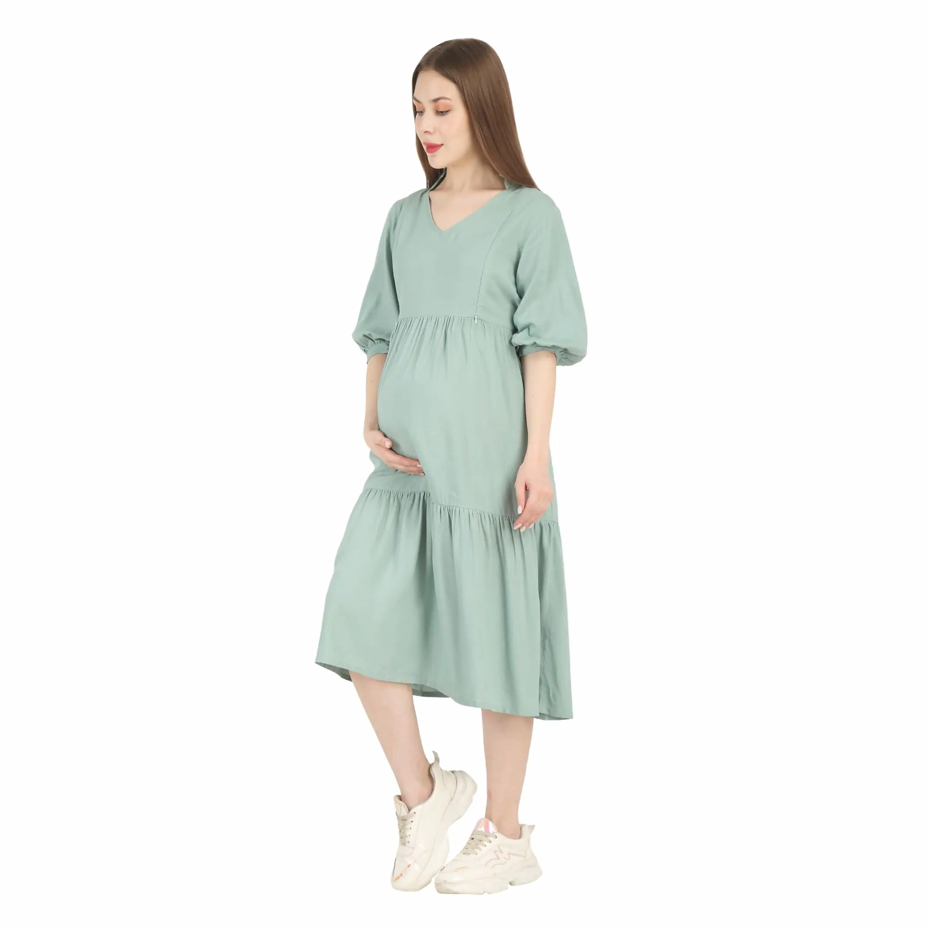 Mylo Pre & Post Maternity /Nursing Ruffle collared Solid Midi Dress with both sides Zipper for Easy Feeding – Siesta Green-L