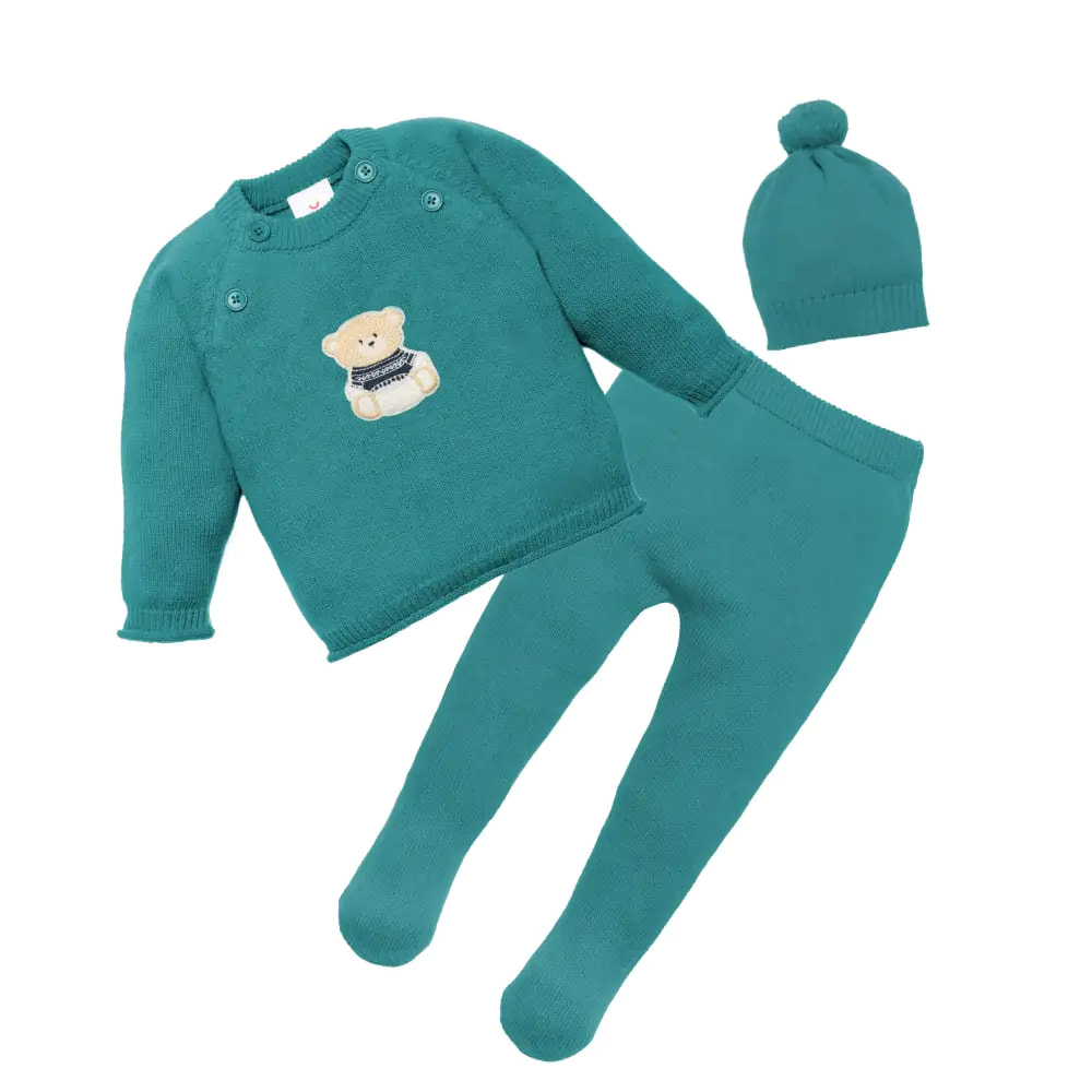 Mylo Baby Full Sleeves Sweater & Footed Pant Set with Cap in 100% Cotton –Teal Green Cuddly Teddy (0-3 M) 