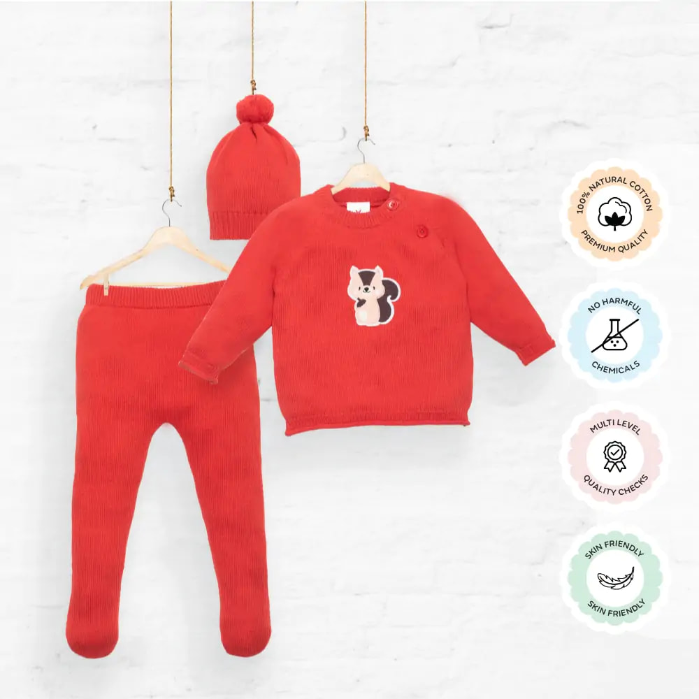 Baby Full Sleeves Sweater & Footed Pant Set with Cap in 100% Cotton – Poppy Red Squirrel (0-3 M)