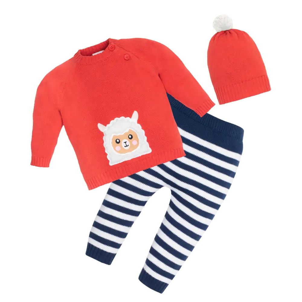 Mylo Baby Full Sleeves Sweater & Stripe Pant Set with Cap in 100% Cotton – Red & Navy Cute Sheep (0-3 M)