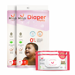 Mylo Monthly Diapering Super Saver Combo - Diaper Pants (M) Size (Pack of 2, 76 Count) + Wipes (Pack of 2)
