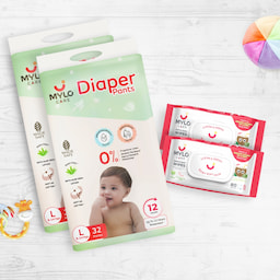 Mylo Monthly Diapering Super Saver Combo - Diaper Pants (L) Size (Pack of 2, 64 Count) + Wipes (Pack of 2)