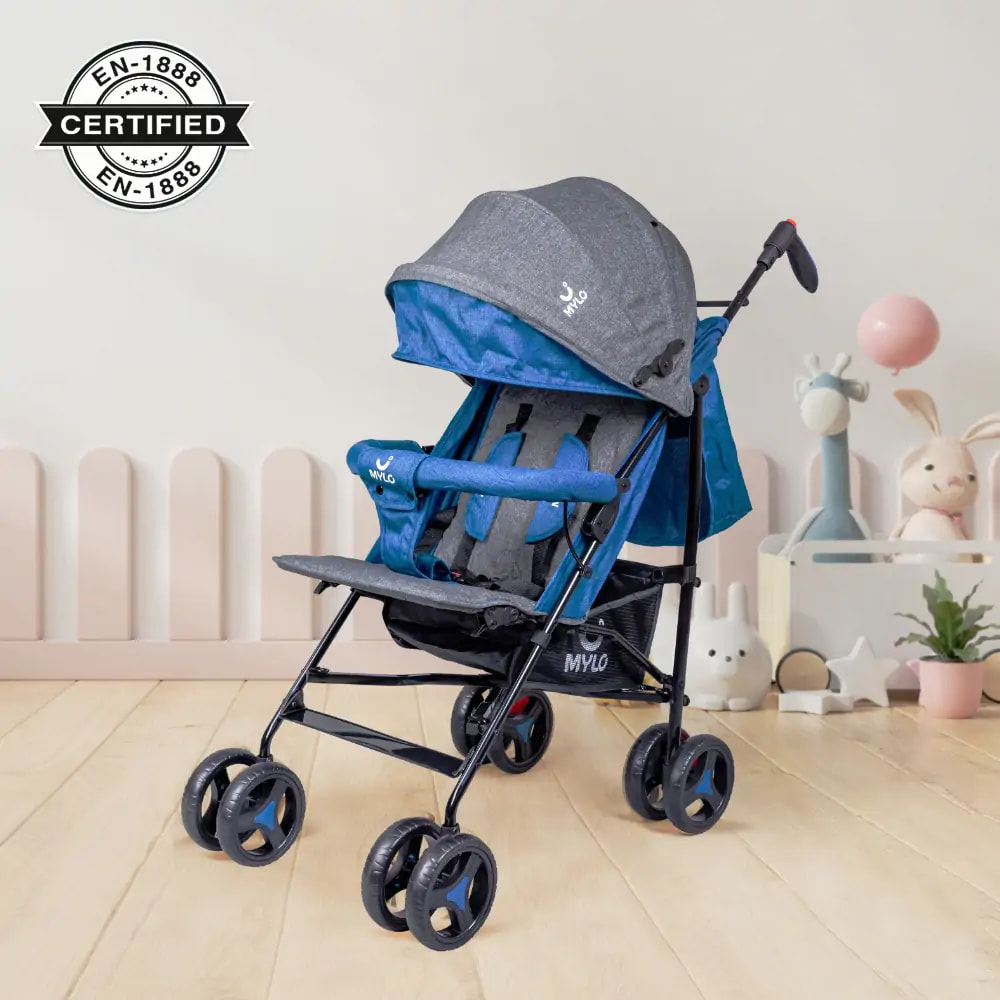 Vista Ultra Light Stroller | Pram 6 to 36 months| Toddler| kids, 5 Point safety harness| Front wheel Swivel function| Umbrella fold| Carrying Belt | Blue & Grey