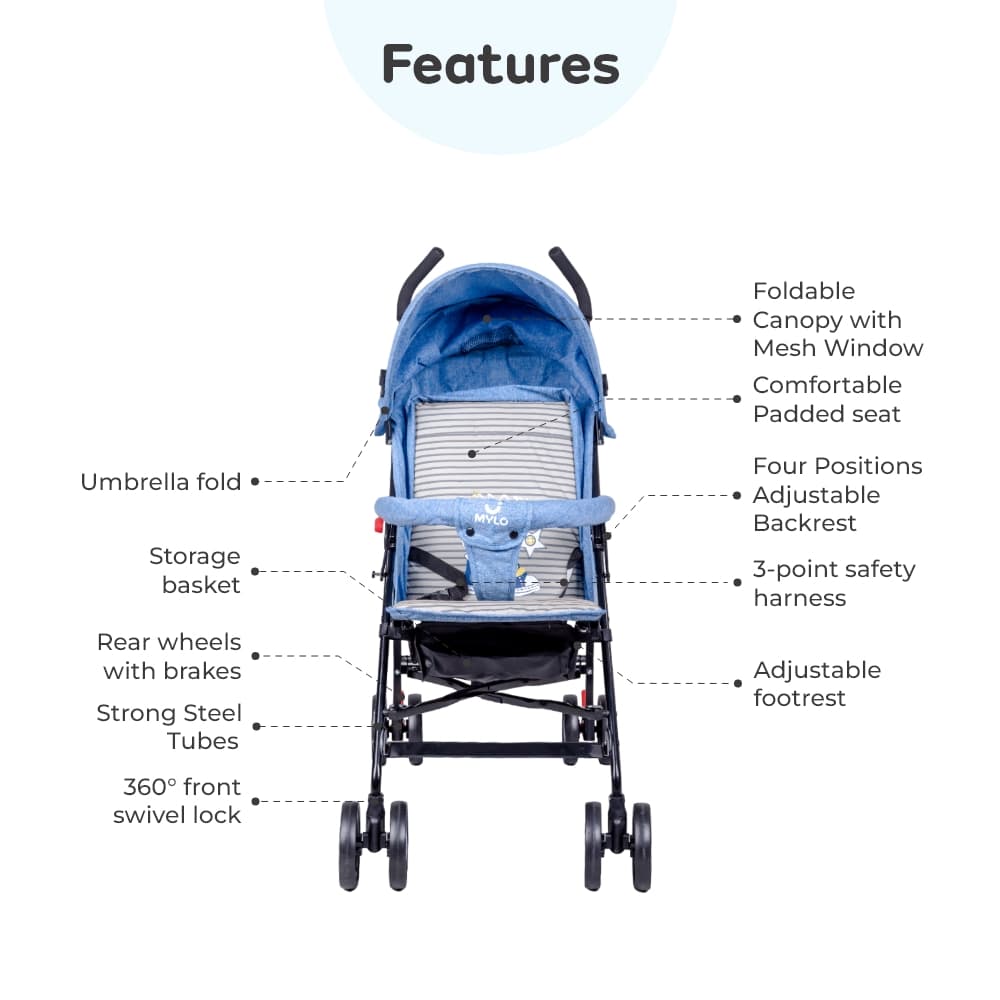 Buddy Ultra Light Stroller for 6 to 36 months Toddler and Kids with 3 Point Safety Harness, 360° Front Wheel Swivel Function and Umbrella fold (Blue) 