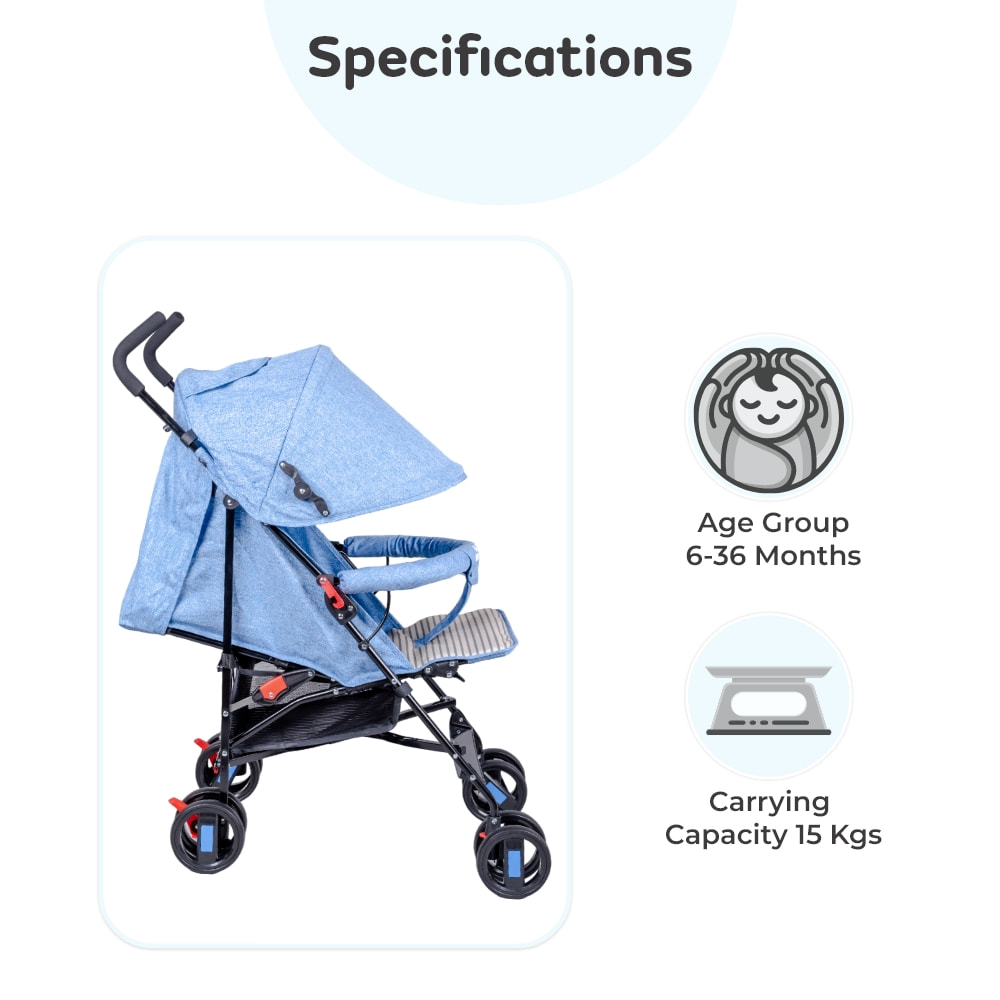 Buddy Ultra Light Stroller for 6 to 36 months Toddler and Kids with 3 Point Safety Harness, 360° Front Wheel Swivel Function and Umbrella fold (Blue) 