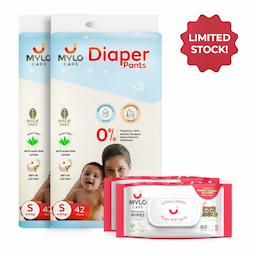 Monthly Diapering Super Saver Combo - Diaper Pants (S) Size (Pack of 2, 84 Count) + Wipes (Pack of 2)