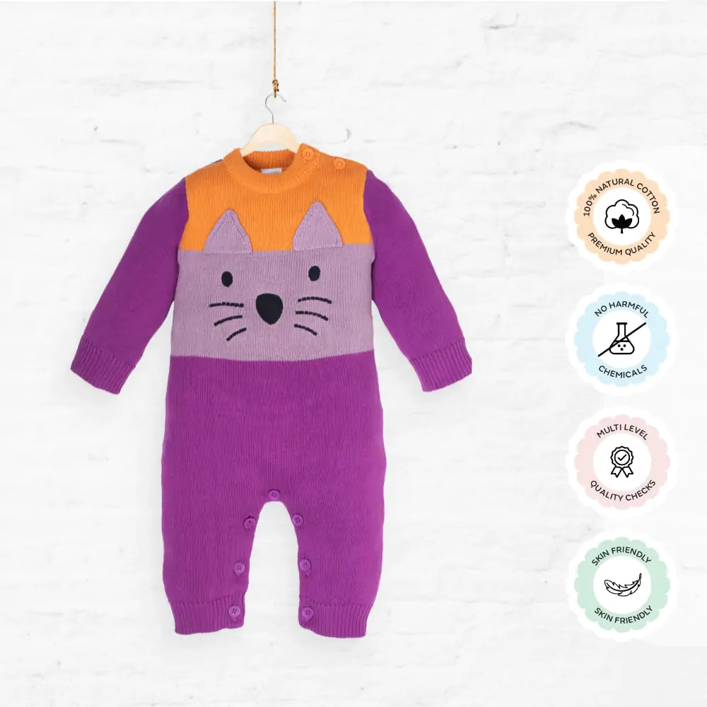 Mylo Baby Winter Wear Full Sleeves Romper/All-in-1 Suit in Heavy Gauge 100% Cotton– Purple & Lavender Naughty Lion (0 - 3 M)