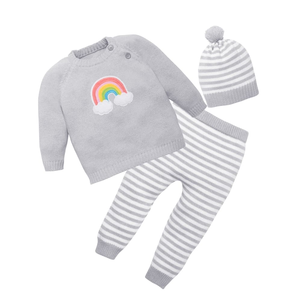 Baby Full Sleeves Sweater & Stripe Pant Set with Cap in 100% Cotton– Lt. Grey Rainbow Cloud (3-6M)