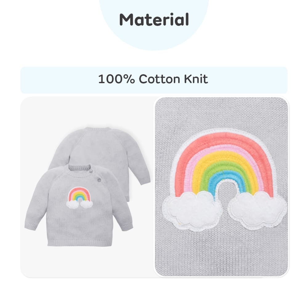Baby Full Sleeves Sweater & Stripe Pant Set with Cap in 100% Cotton– Lt. Grey Rainbow Cloud (3-6M)