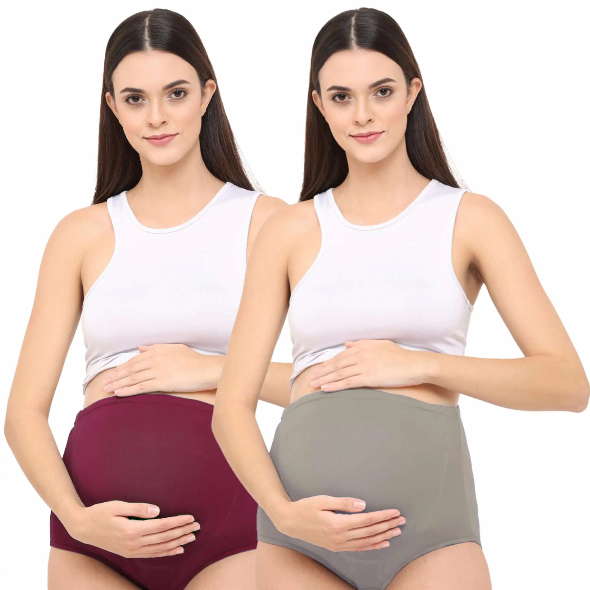 Mylo High Waist Maternity/Postpartum Panty - Anti-Microbial with Comfy Adjustable Waistband-  Cloud Grey & Ruby Wine-M-Pack of 2 