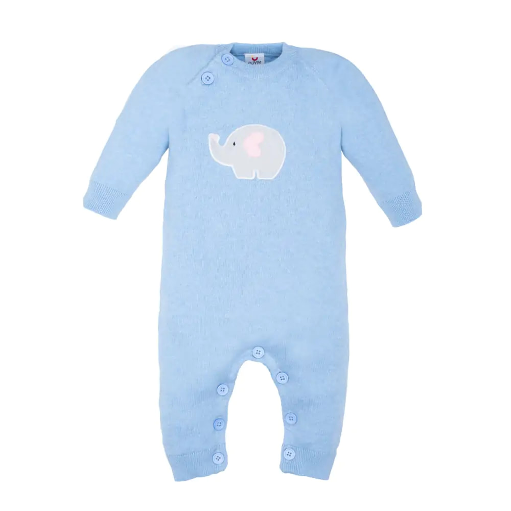 Baby Winter Wear Full Sleeves Romper /All-in-1 Suit in Fine Gauge 100% Cotton - Powder Blue Baby Elephant (9-12 M)