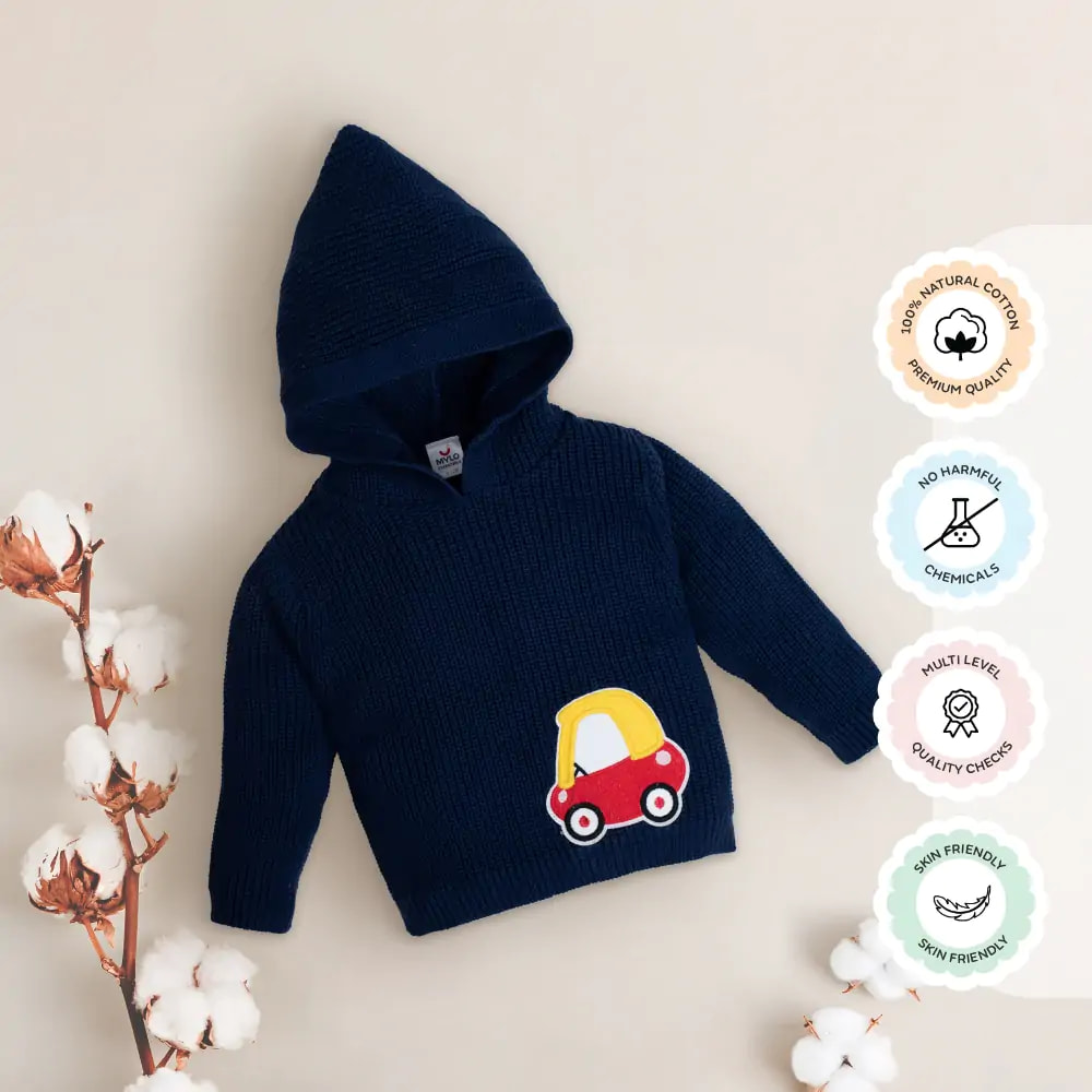 Mylo Baby Full Sleeves Sweater with Hoodie in 100% Cotton– Navy Toy Car (0-3 M)