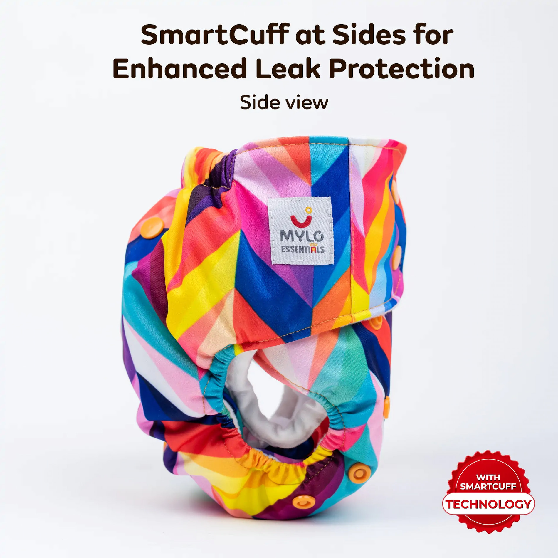 Mylo Adjustable Washable & Reusable Top lay Cloth Diaper with SmartCuff Technology for Enhanced Leak Protection-Comes with 1 Dry Feel Absorbent Insert Pad  (3M-3Y)- Rainbow