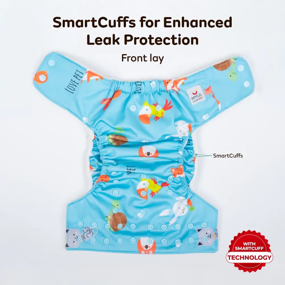 Mylo Adjustable Washable & Reusable Top lay Cloth Diaper with SmartCuff Technology for Enhanced Leak Protection-Comes with 1 Dry Feel Absorbent Insert Pad  (3M-3Y)- Pet Love