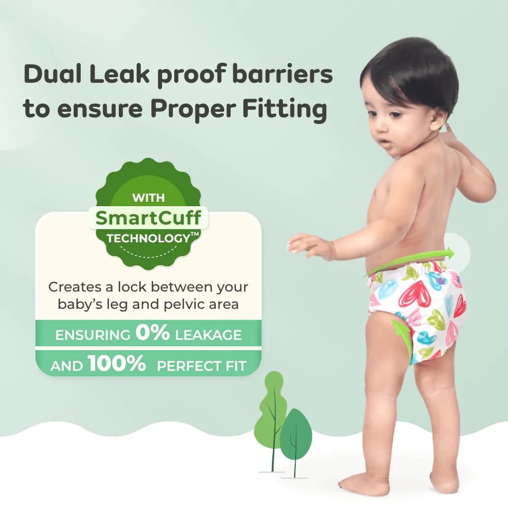 Adjustable Washable & Reusable Top lay Cloth Diaper with SmartCuff Technology for Enhanced Leak Protection-Comes with 1 Dry Feel Absorbent Insert Pad  (3M-3Y)-Heart Doodle