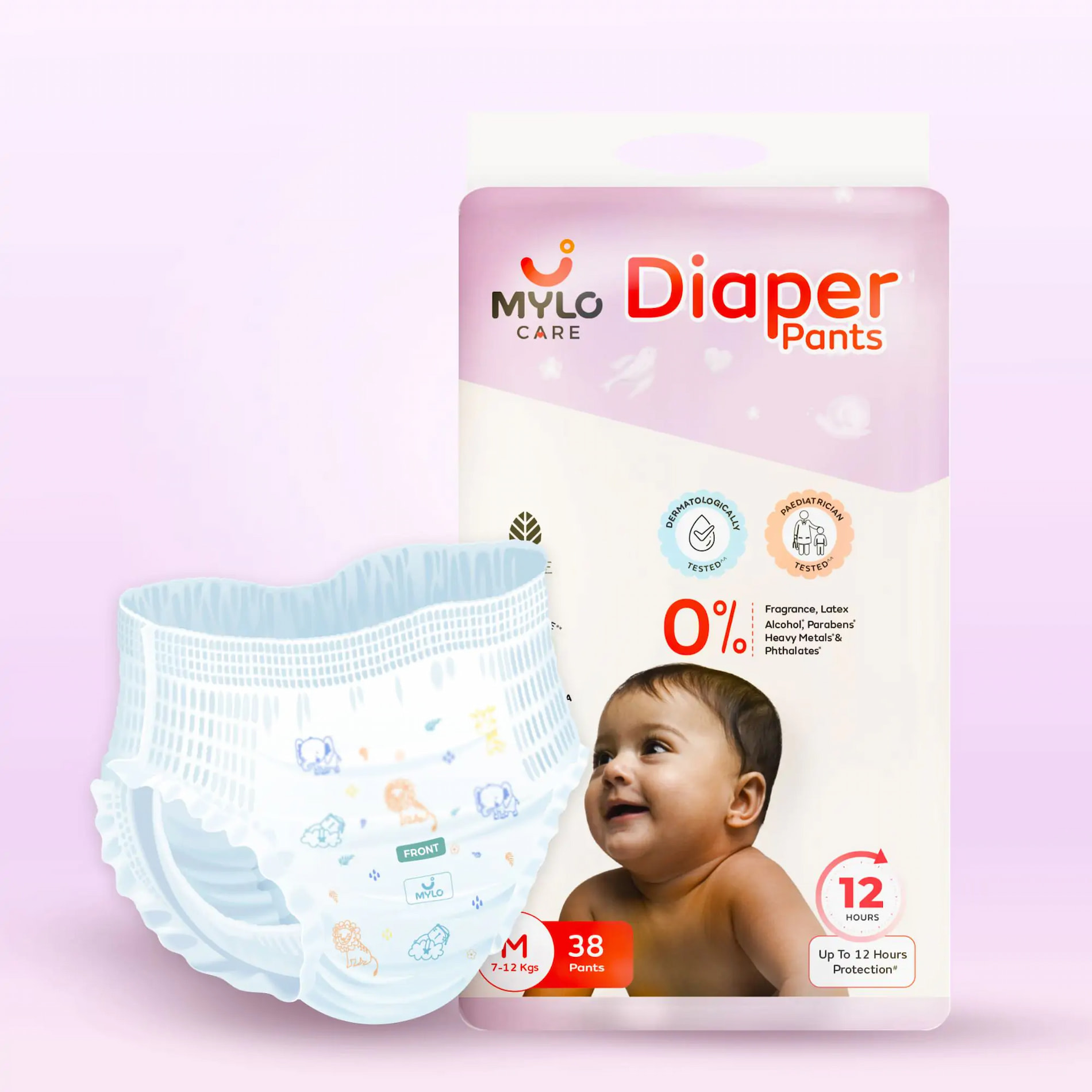 Mylo Care Baby Diaper Pants Medium (M) Size, 7-12 kgs with ADL Technology - 38 Count - 12 Hours Protection 