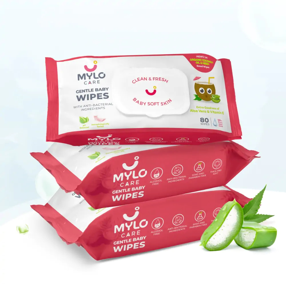 Mylo Gentle Baby Wipes with Organic Coconut Oil & Neem With Lid (80 wipes x 3 packs)