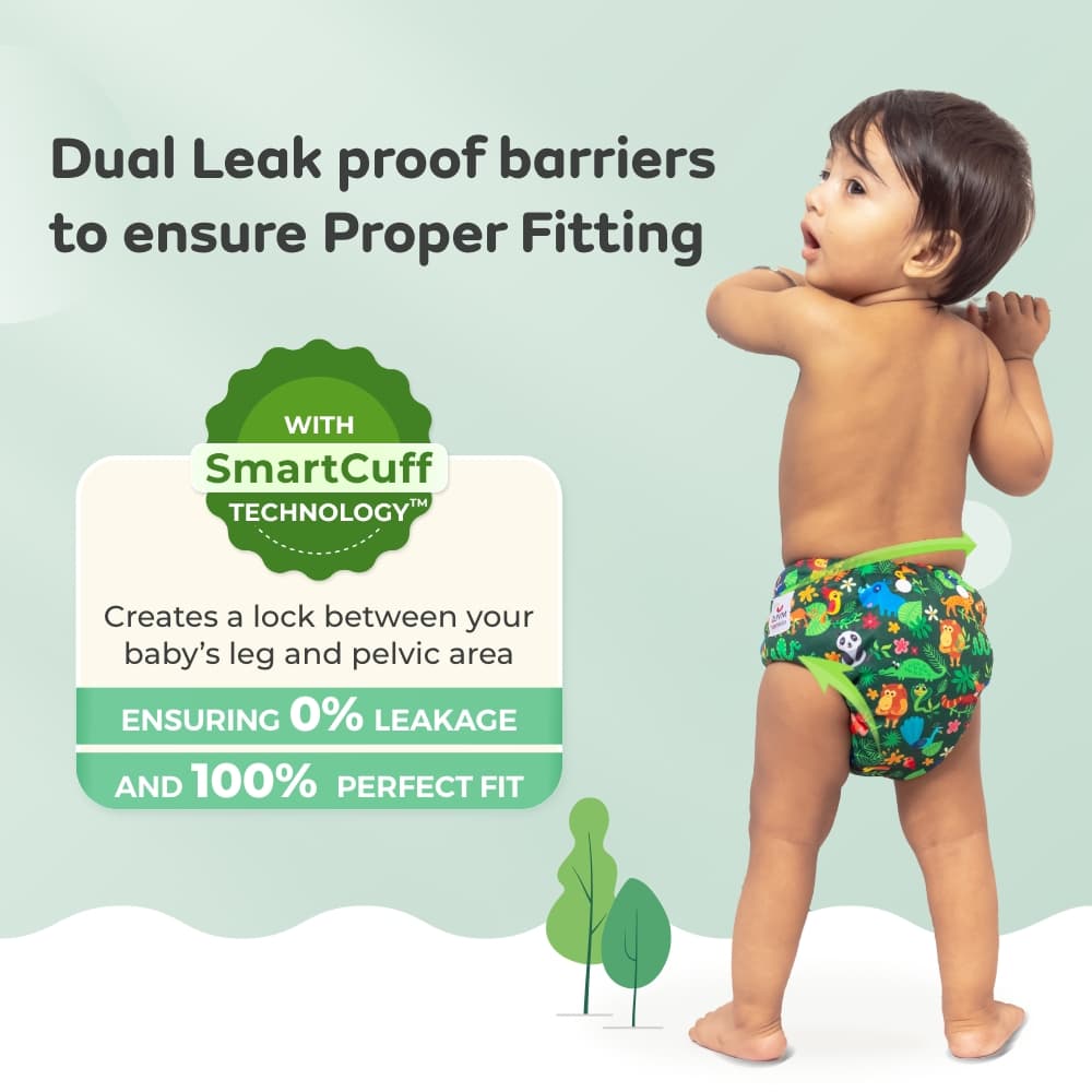 Adjustable Washable & Reusable Top lay Cloth Diaper with SmartCuff Technology for Enhanced Leak Protection-Comes with 1 Dry Feel Absorbent Insert Pad  (3M-3Y)- Jungle Safari