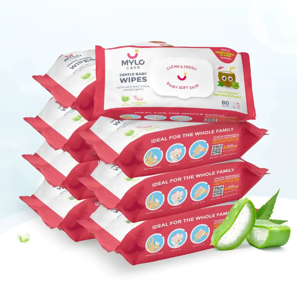 Gentle Baby Wipes with Organic Coconut Oil & Neem With Lid (80 wipes x 8 packs)