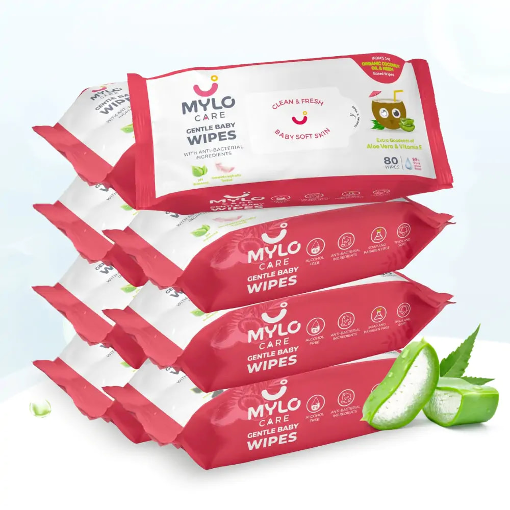 Mylo Gentle Baby Wipes with Organic Coconut Oil & Neem Without Lid (80 wipes x 8 packs)