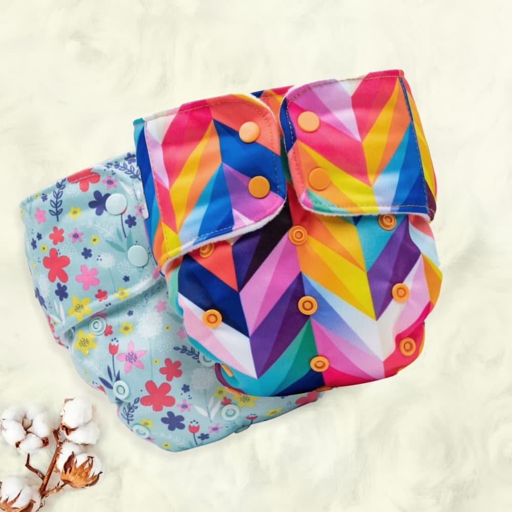 Mylo Adjustable Washable & Reusable Cloth Diaper With Dry Feel, Absorbent Insert Pad (3M-3Y) - Floral Spring & Rainbow - Pack of 2