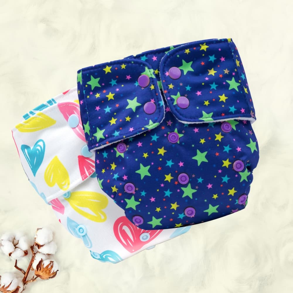 Mylo Adjustable Washable & Reusable Cloth Diaper With Dry Feel, Absorbent Insert Pad (3M-3Y) - Twinkle Twinkle & Heart Doodles - Pack of 2