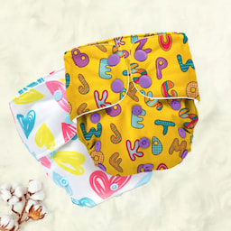Adjustable Washable & Reusable Cloth Diaper With Dry Feel, Absorbent Insert Pad (3M-3Y) - ABC & Heart Doodles - Pack of 2