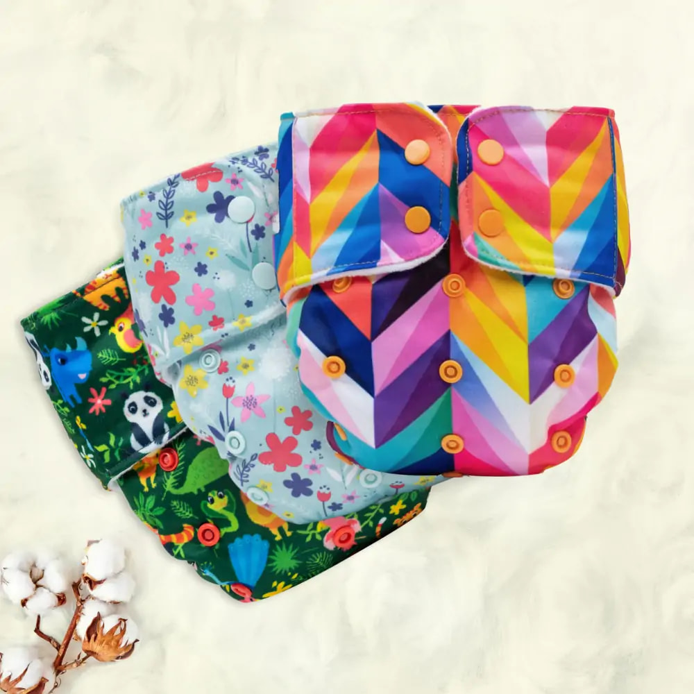 Mylo Adjustable Washable & Reusable Cloth Diaper With Dry Feel, Absorbent Insert Pad (3M-3Y) - Jungle, Rainbow & Floral Spring - Pack of 3