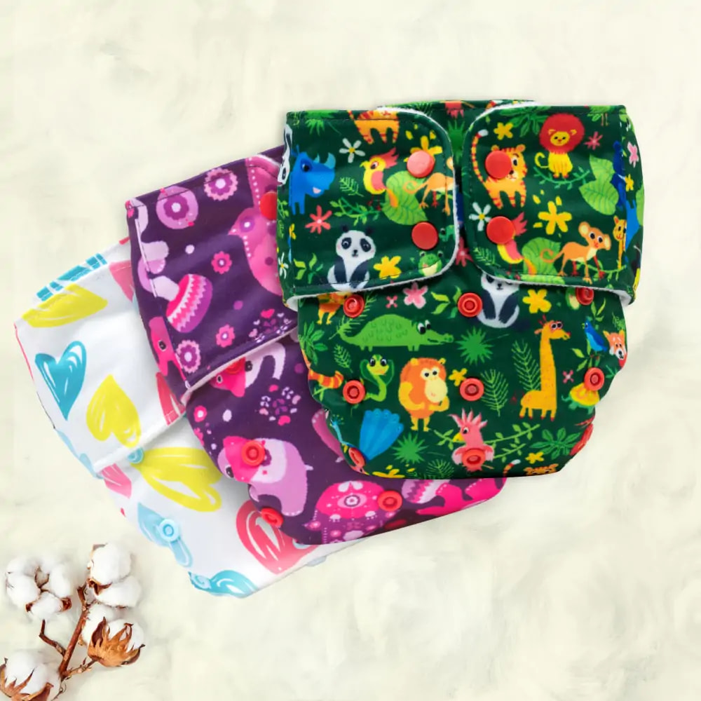 Adjustable Washable & Reusable Cloth Diaper With Dry Feel, Absorbent Insert Pad (3M-3Y) - Jungle, Purple Love & Heart Doodles  - Pack of 3