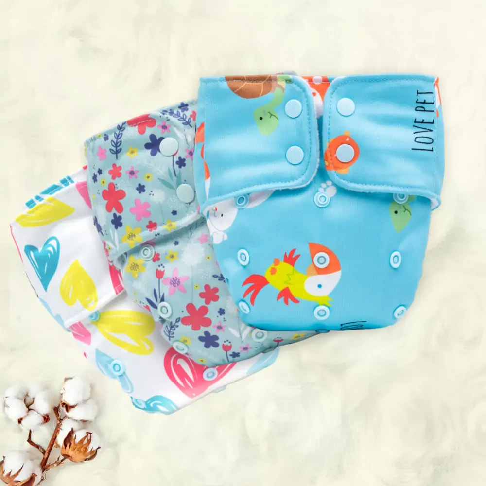 Mylo Adjustable Washable & Reusable Cloth Diaper With Dry Feel, Absorbent Insert Pad (3M-3Y) - Pet Love, Floral Spring & Heart Doodles - Pack of 3