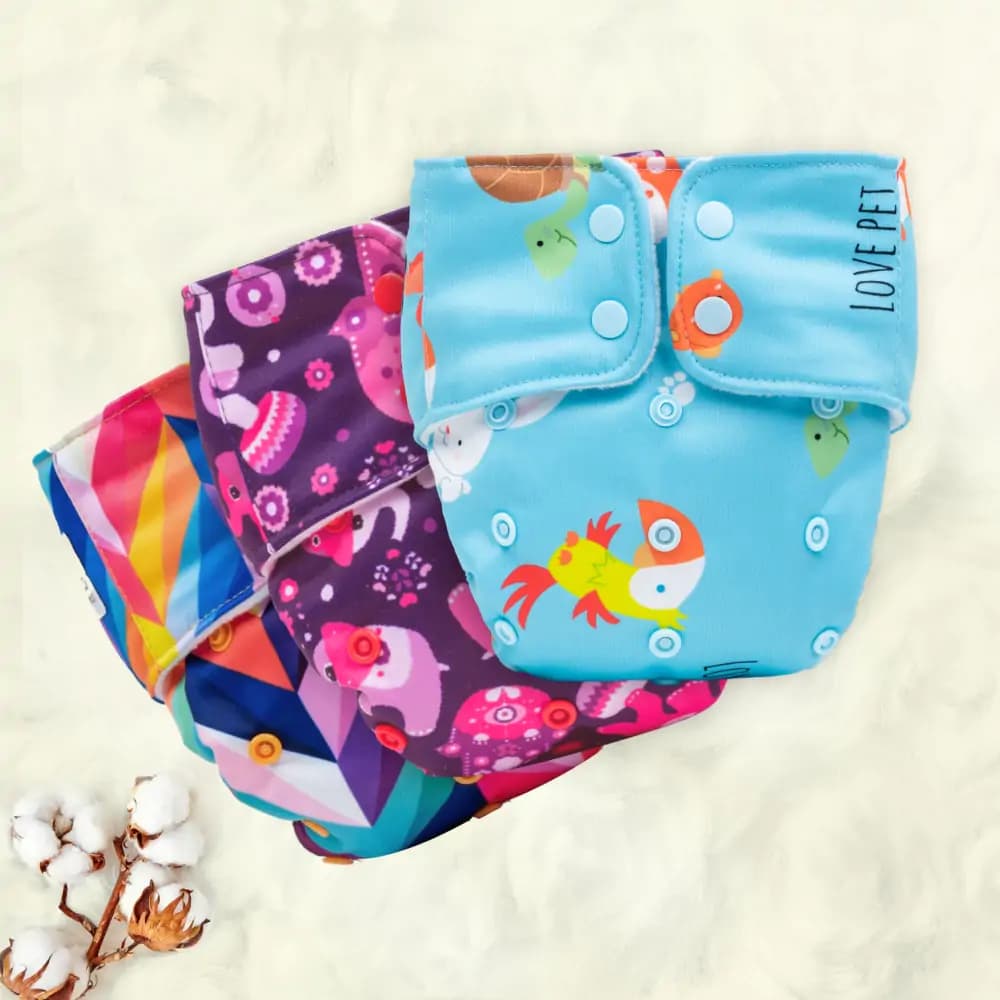 Mylo Adjustable Washable & Reusable Cloth Diaper With Dry Feel, Absorbent Insert Pad (3M-3Y) - Rainbow, Purple Love & Pet Love - Pack of 3