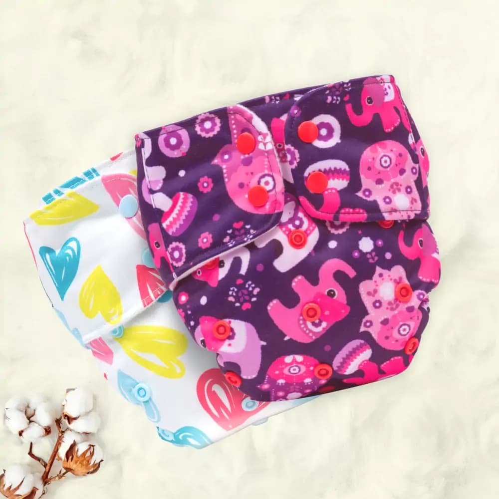 Mylo Adjustable Washable & Reusable Cloth Diaper With Dry Feel, Absorbent Insert Pad (3M-3Y) - Heart Doodles & Purple Love- Pack of 2