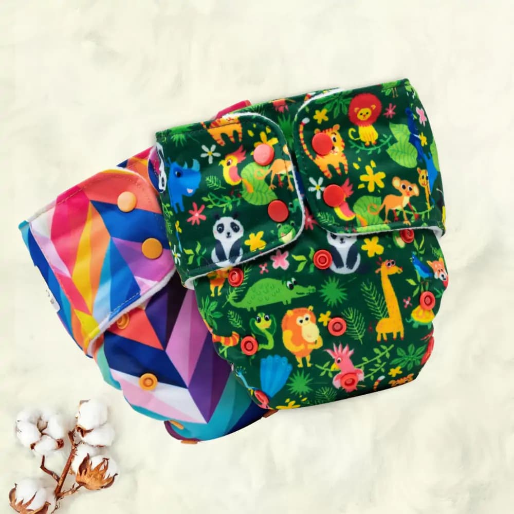 Adjustable Washable & Reusable Cloth Diaper With Dry Feel, Absorbent Insert Pad (3M-3Y) - Rainbow & Jungle - Pack of 2