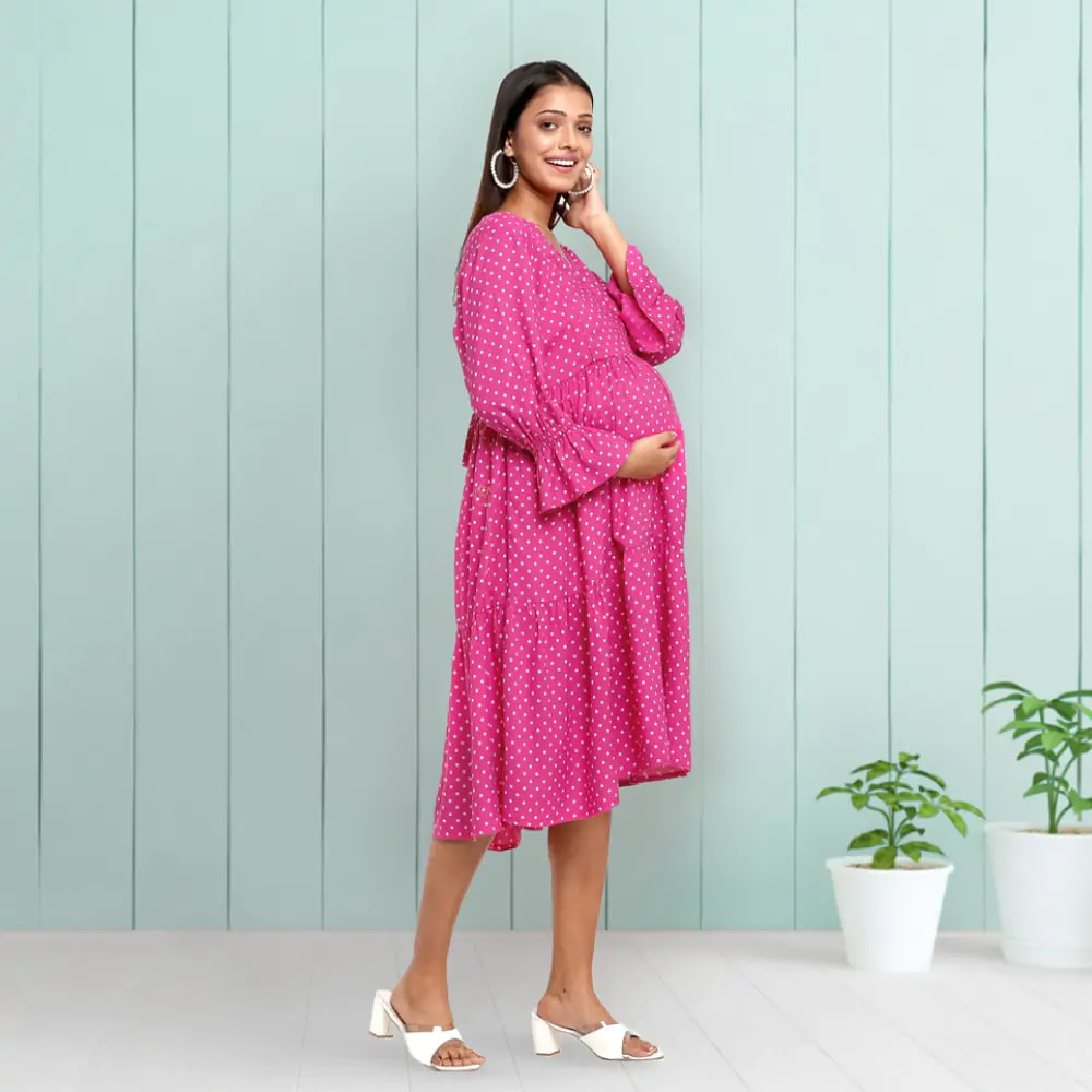 Mylo Pre & Post Maternity/Nursing Knee Length Dress with Zippers at both sides for Easy Feeding- Fuschia Rose- Vintage Polka Dots-M