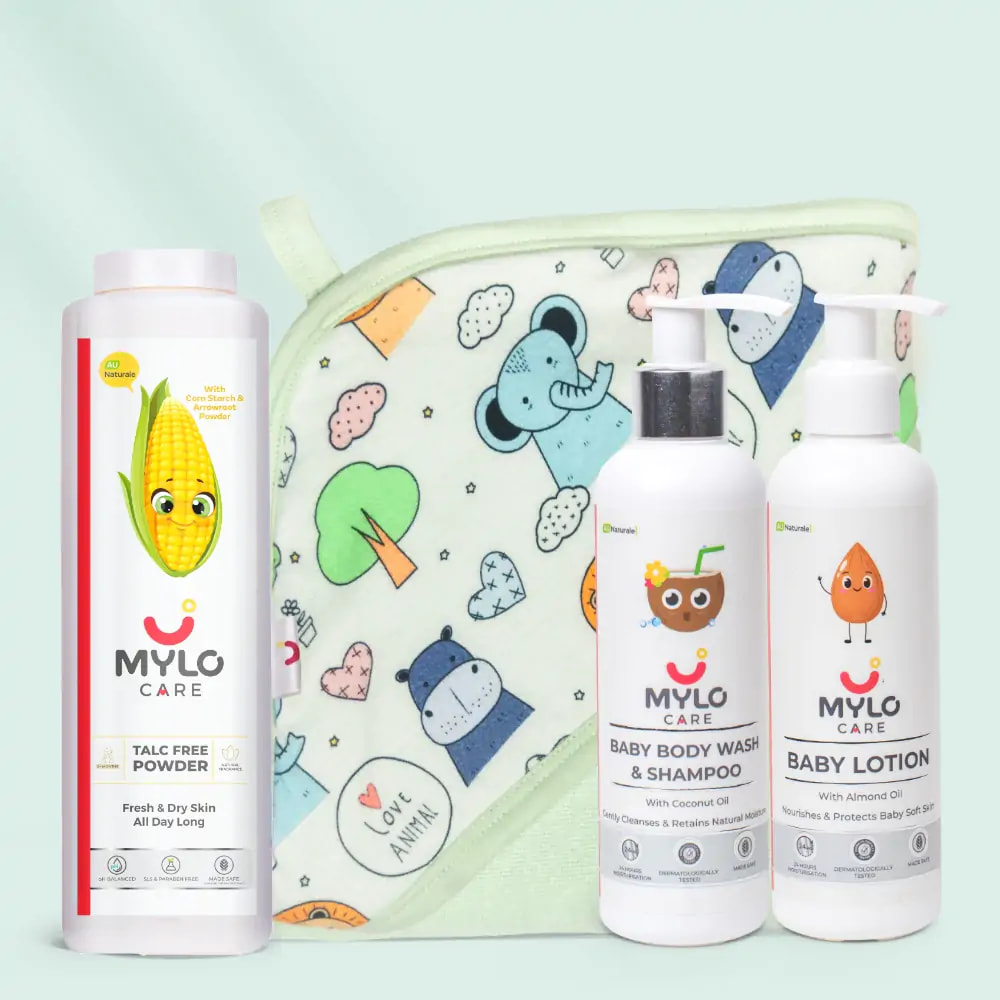 Mylo Baby Bathing Super Saver Combo - Body Wash & Shampoo, Towel, Lotion & Powder
