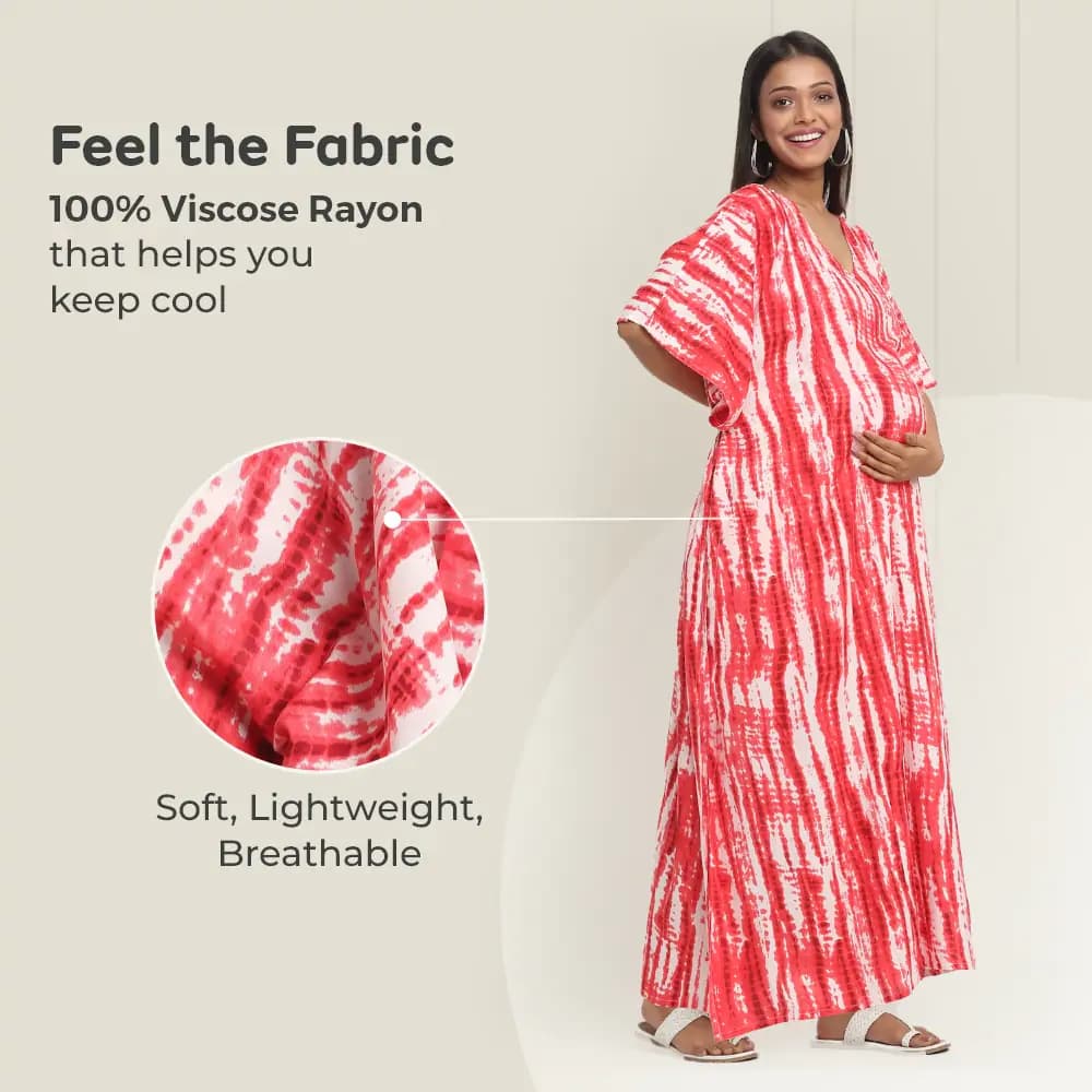 Pre & Post Maternity /Nursing Kaftan Maxi Dress cum Nighty with Zipper for Easy Feeding – Shibori Print -Fuchsia–L 