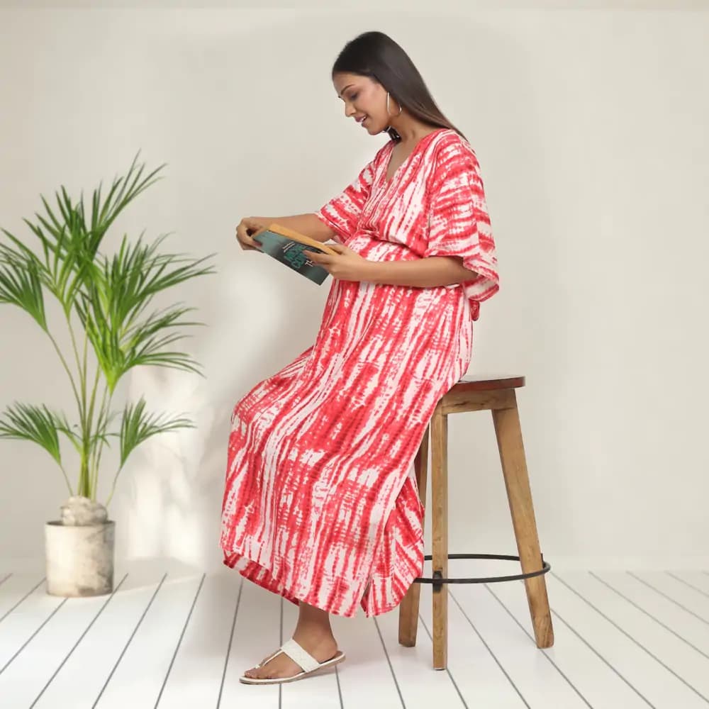 Mylo Pre & Post Maternity /Nursing Kaftan Maxi Dress cum Nighty with Zipper for Easy Feeding – Shibori Print -Fuchsia–XL