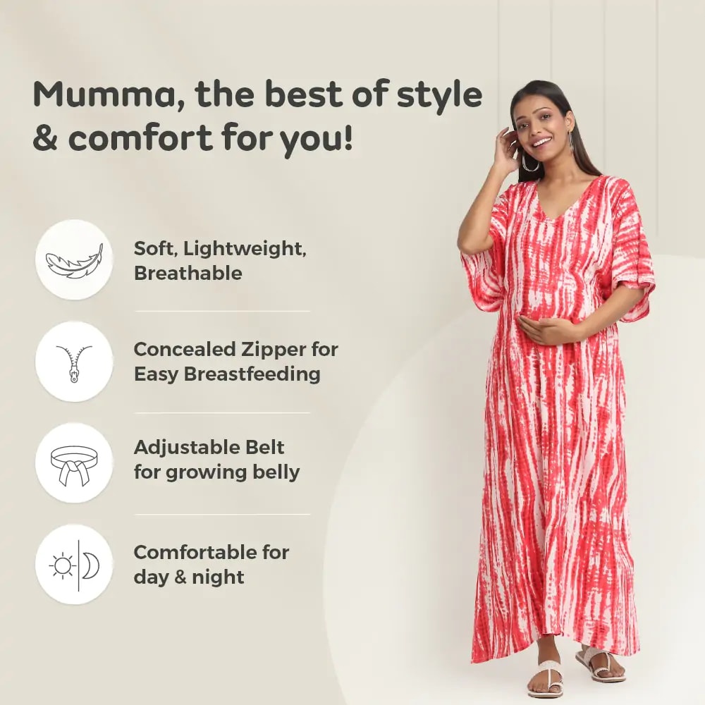 Mylo Pre & Post Maternity /Nursing Kaftan Maxi Dress cum Nighty with Zipper for Easy Feeding – Shibori Print -Fuchsia–XL