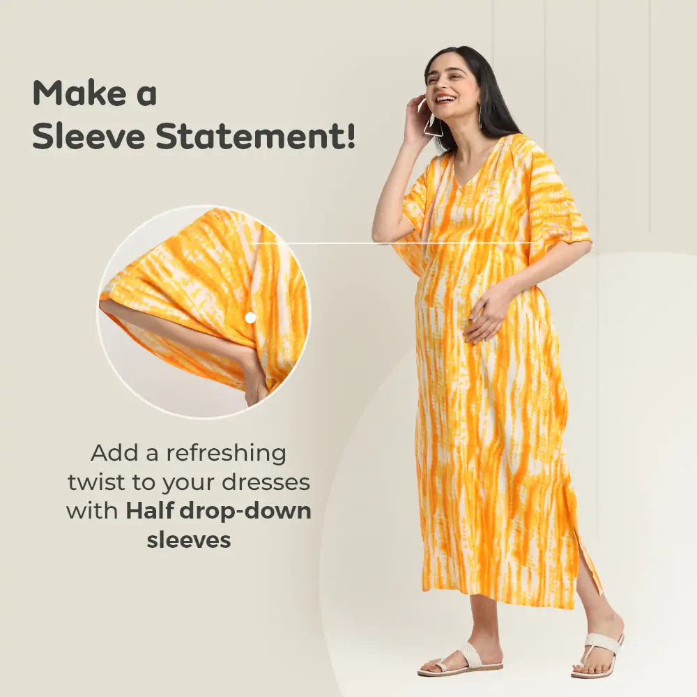 Mylo Pre & Post Maternity /Nursing Kaftan Maxi Dress cum Nighty with Zipper for Easy Feeding – Shibori Print -Orange- M