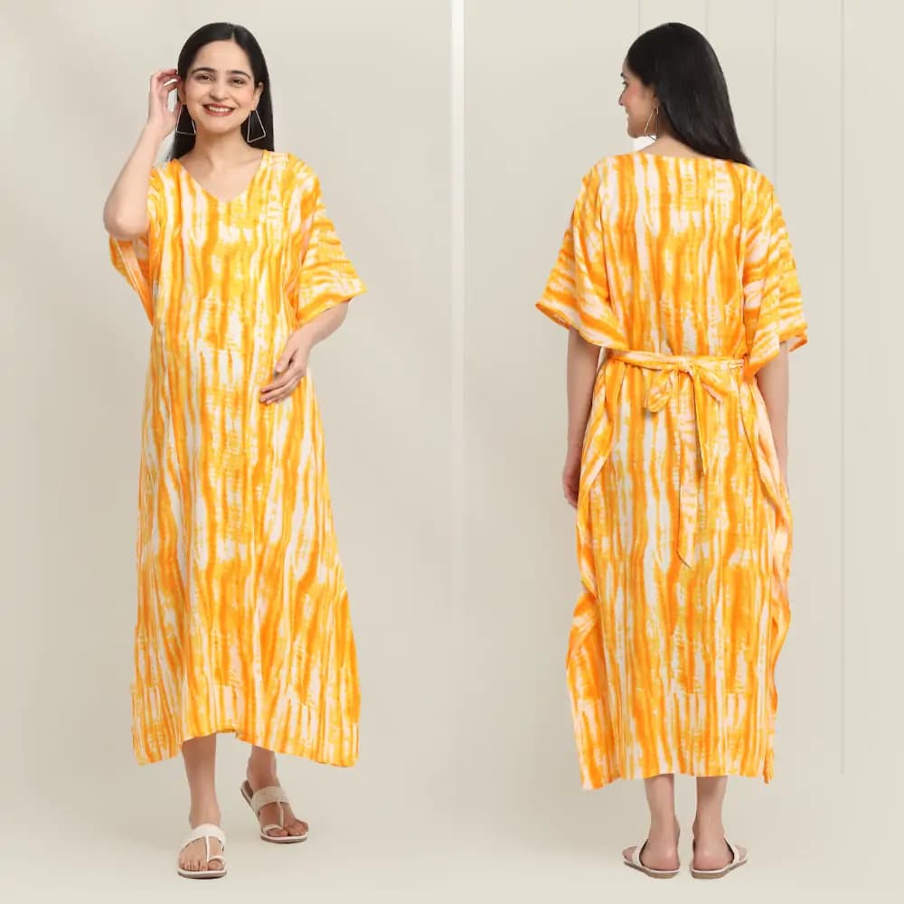 Mylo Pre & Post Maternity /Nursing Kaftan Maxi Dress cum Nighty with Zipper for Easy Feeding – Shibori Print -Orange- M