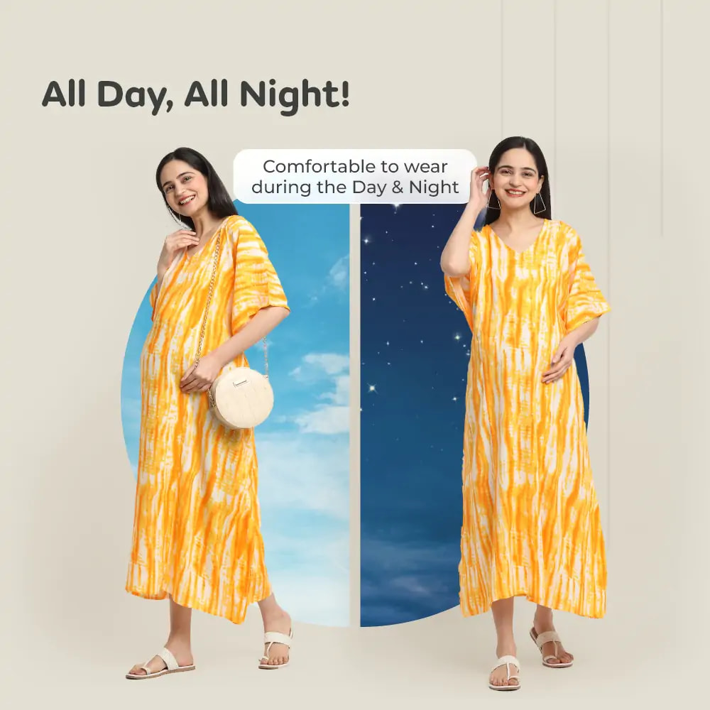 Pre & Post Maternity /Nursing Kaftan Maxi Dress cum Nighty with Zipper for Easy Feeding – Shibori Print -Orange- XL