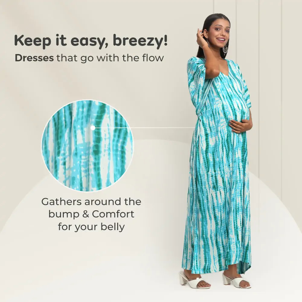 Pre & Post Maternity /Nursing Kaftan Maxi Dress cum Nighty with Zipper for Easy Feeding – Shibori Print -Sea Green - L