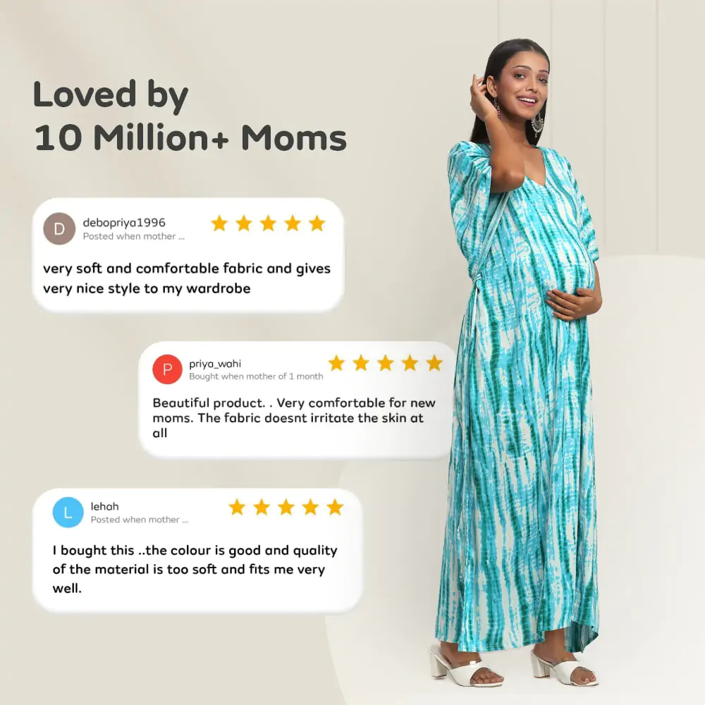 Pre & Post Maternity /Nursing Kaftan Maxi Dress cum Nighty with Zipper for Easy Feeding – Shibori Print -Sea Green - L